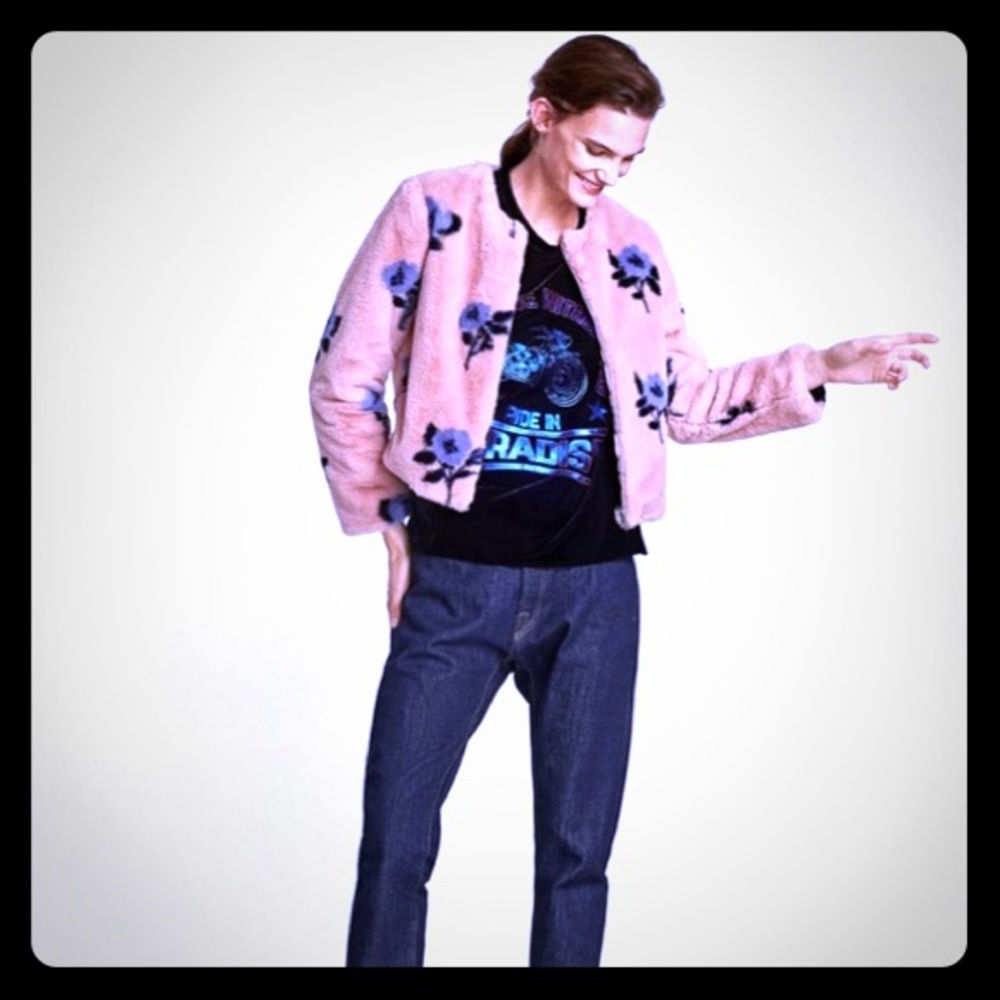 Zara floral faux fur cropped jacket Sz M floral
